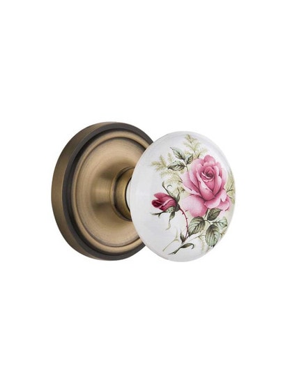 Classic Rose with Rose Porcelain Knob in Antique Brass with .